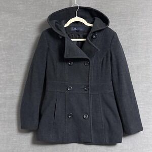 Anne Klein Coat Small Gray Wool Blend Hooded Peacoat Double Breasted Classic